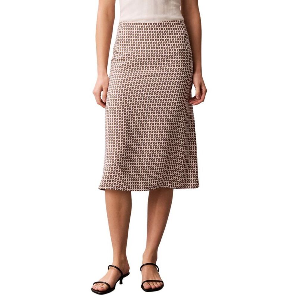 Calvin Klein Womens  Crepe Print Midi Skirt, Brown